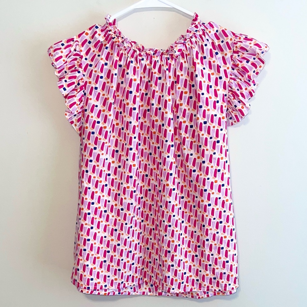 THML Ruffle Mock Neck Flutter Sleeve Abstract Print Top